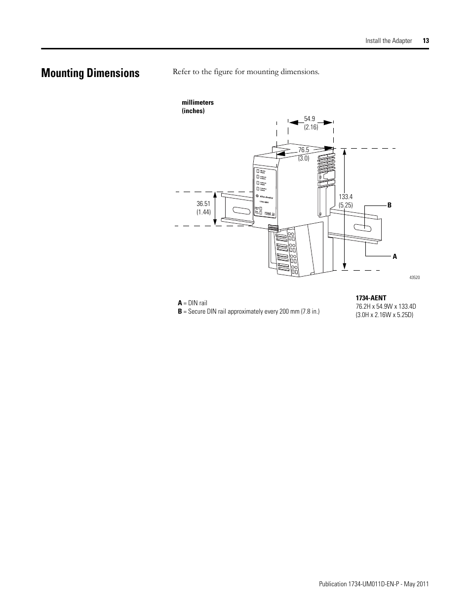 Mounting dimensions | Rockwell Automation 1734-AENT POINT I/O EtherNet/IP Adapter Module User Manual | Page 29 / 158