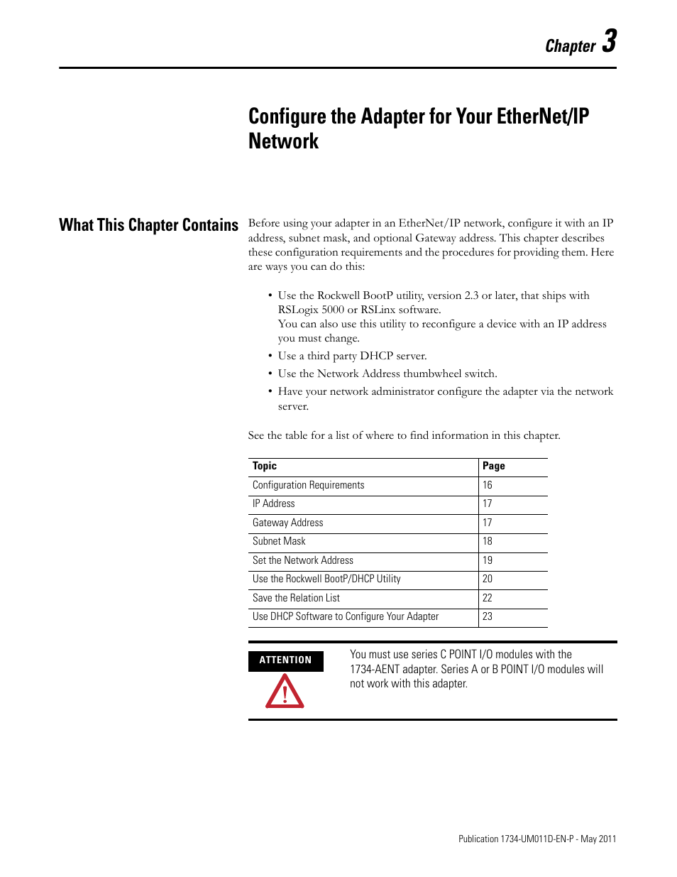 What this chapter contains, Chapter 3, Configure the adapter for your ethernet/ip network | Chapter | Rockwell Automation 1734-AENT POINT I/O EtherNet/IP Adapter Module User Manual | Page 31 / 158