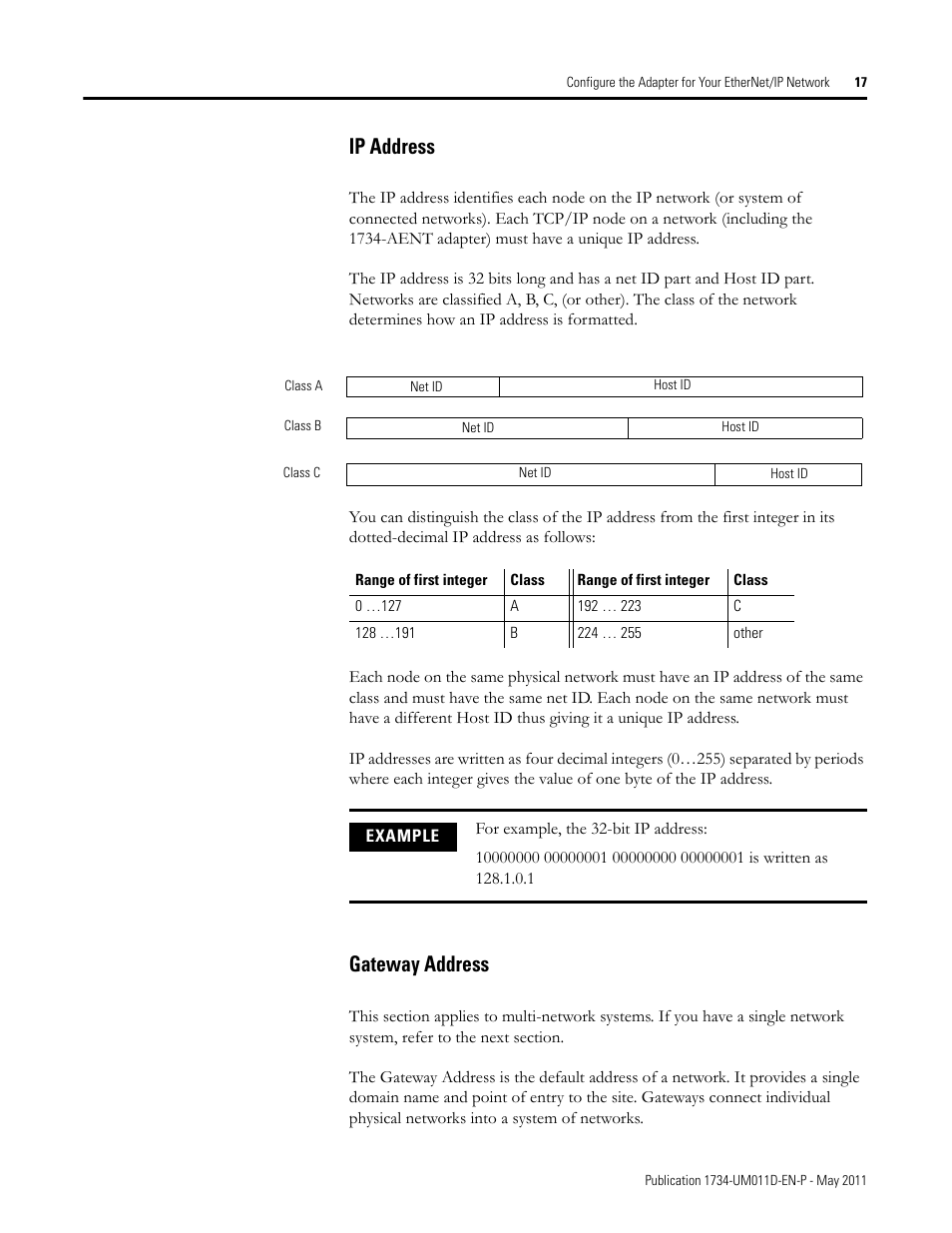 Ip address, Gateway address, Ip address gateway address | Rockwell Automation 1734-AENT POINT I/O EtherNet/IP Adapter Module User Manual | Page 33 / 158