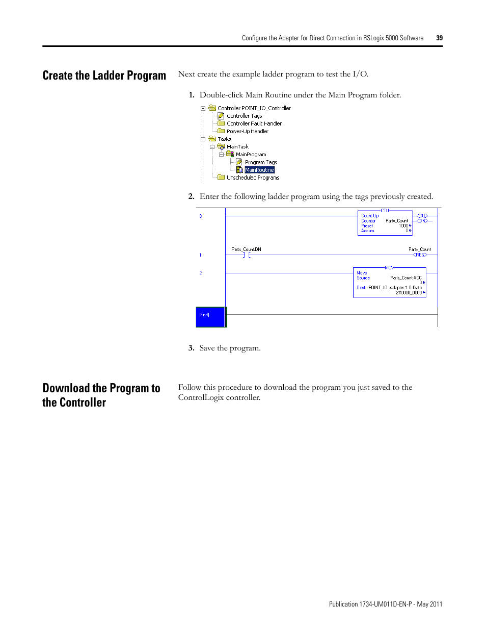 Create the ladder program, Download the program to the controller | Rockwell Automation 1734-AENT POINT I/O EtherNet/IP Adapter Module User Manual | Page 55 / 158