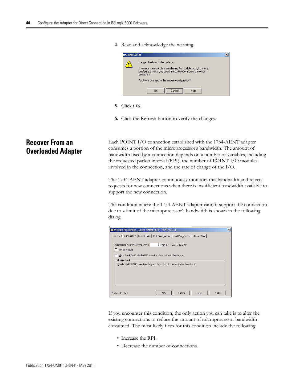 Recover from an overloaded adapter | Rockwell Automation 1734-AENT POINT I/O EtherNet/IP Adapter Module User Manual | Page 60 / 158