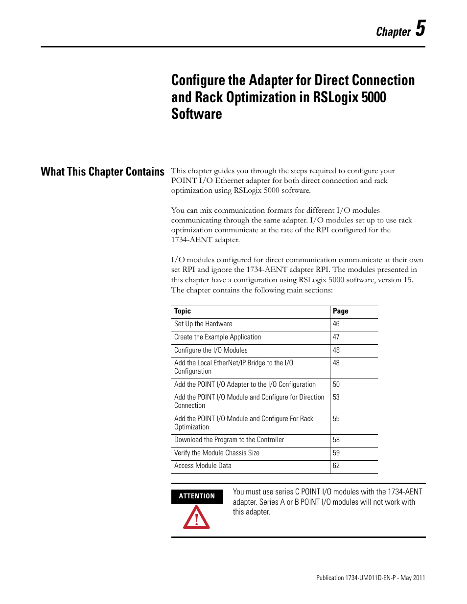 What this chapter contains, Chapter 5, Chapter | Rockwell Automation 1734-AENT POINT I/O EtherNet/IP Adapter Module User Manual | Page 61 / 158