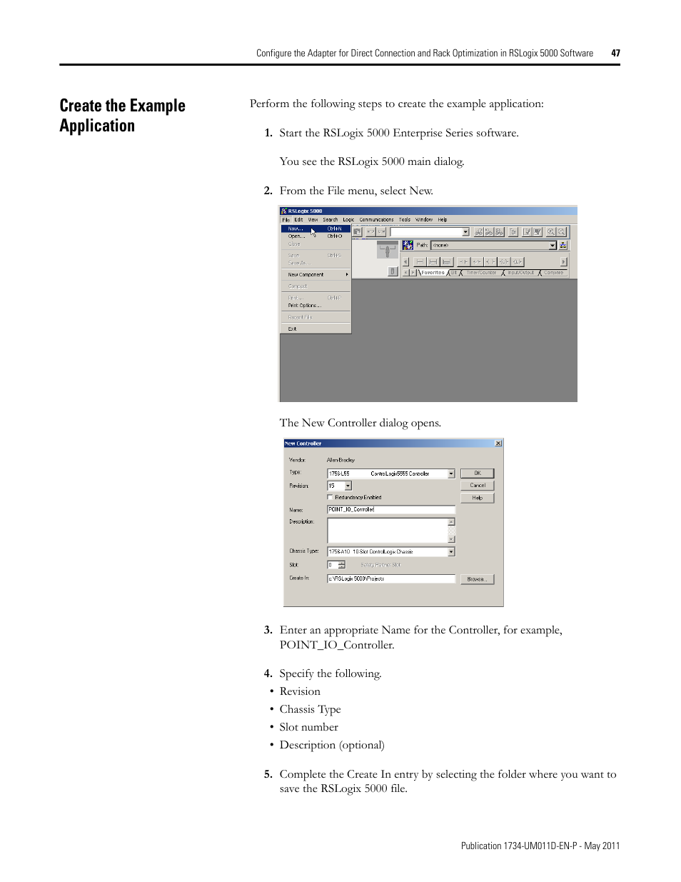 Create the example application | Rockwell Automation 1734-AENT POINT I/O EtherNet/IP Adapter Module User Manual | Page 63 / 158