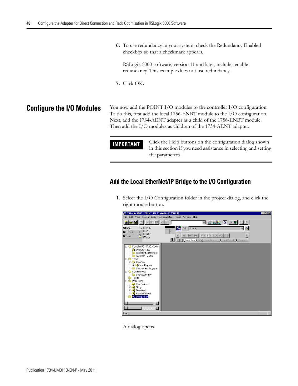 Configure the i/o modules, Add the local ethernet/ip bridge to the i/o, Configuration | Rockwell Automation 1734-AENT POINT I/O EtherNet/IP Adapter Module User Manual | Page 64 / 158