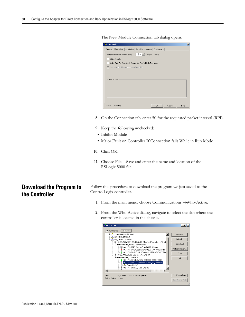 Download the program to the controller | Rockwell Automation 1734-AENT POINT I/O EtherNet/IP Adapter Module User Manual | Page 74 / 158