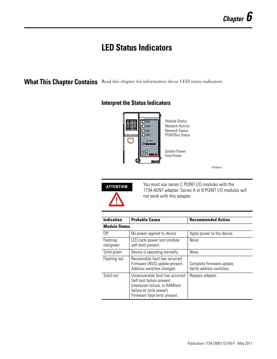 Chapter 6 - led status indicators, What this chapter contains, Interpret the status indicators | Appendix d - quick start, Chapter 6, Led status indicators, Chapter | Rockwell Automation 1734-AENT POINT I/O EtherNet/IP Adapter Module User Manual | Page 79 / 158