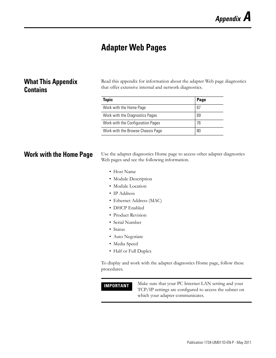 What this appendix contains, Appendix a, Adapter web pages | Appendix, Work with the home page | Rockwell Automation 1734-AENT POINT I/O EtherNet/IP Adapter Module User Manual | Page 83 / 158