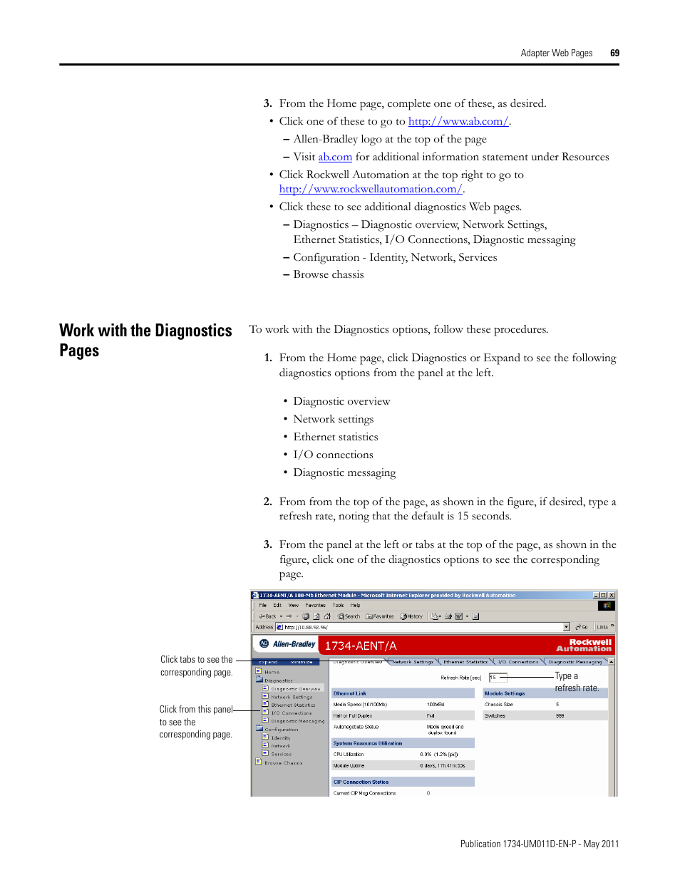 Work with the diagnostics pages | Rockwell Automation 1734-AENT POINT I/O EtherNet/IP Adapter Module User Manual | Page 85 / 158