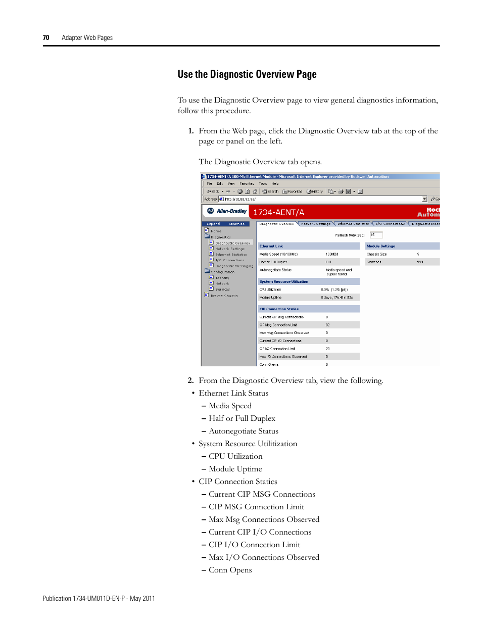 Use the diagnostic overview page | Rockwell Automation 1734-AENT POINT I/O EtherNet/IP Adapter Module User Manual | Page 86 / 158