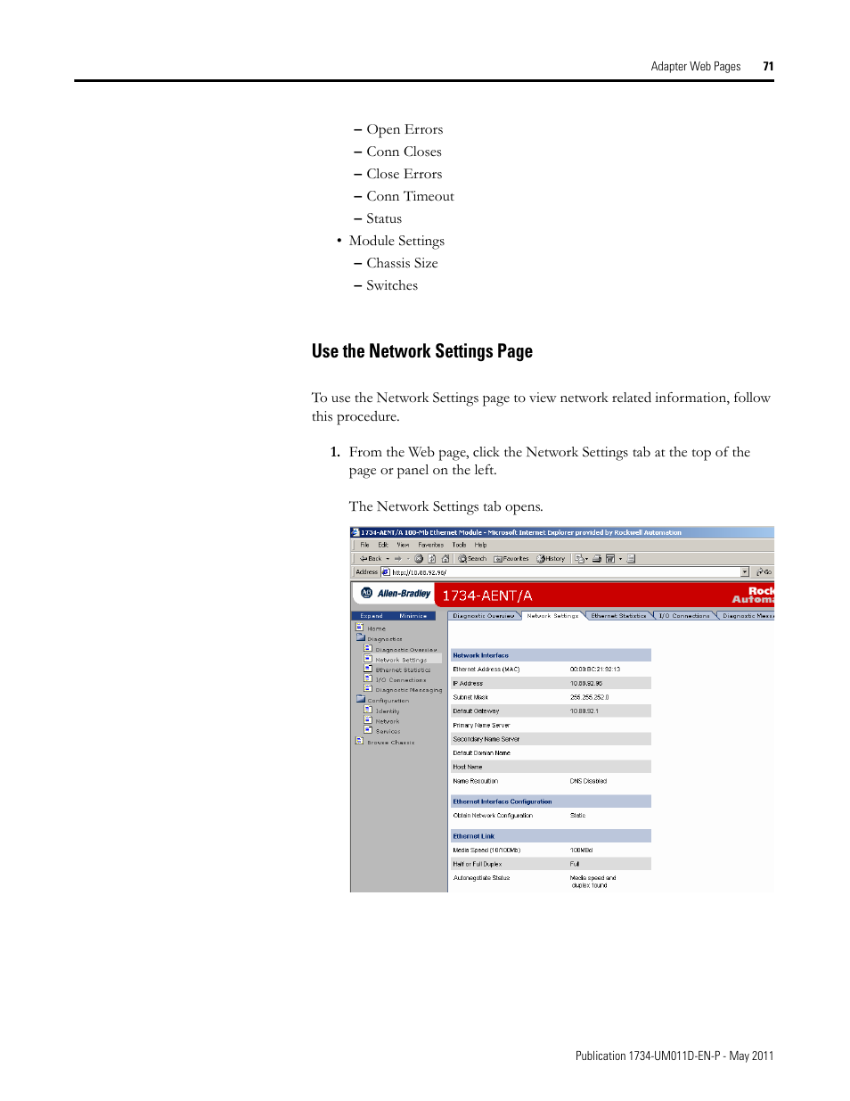 Use the network settings page | Rockwell Automation 1734-AENT POINT I/O EtherNet/IP Adapter Module User Manual | Page 87 / 158