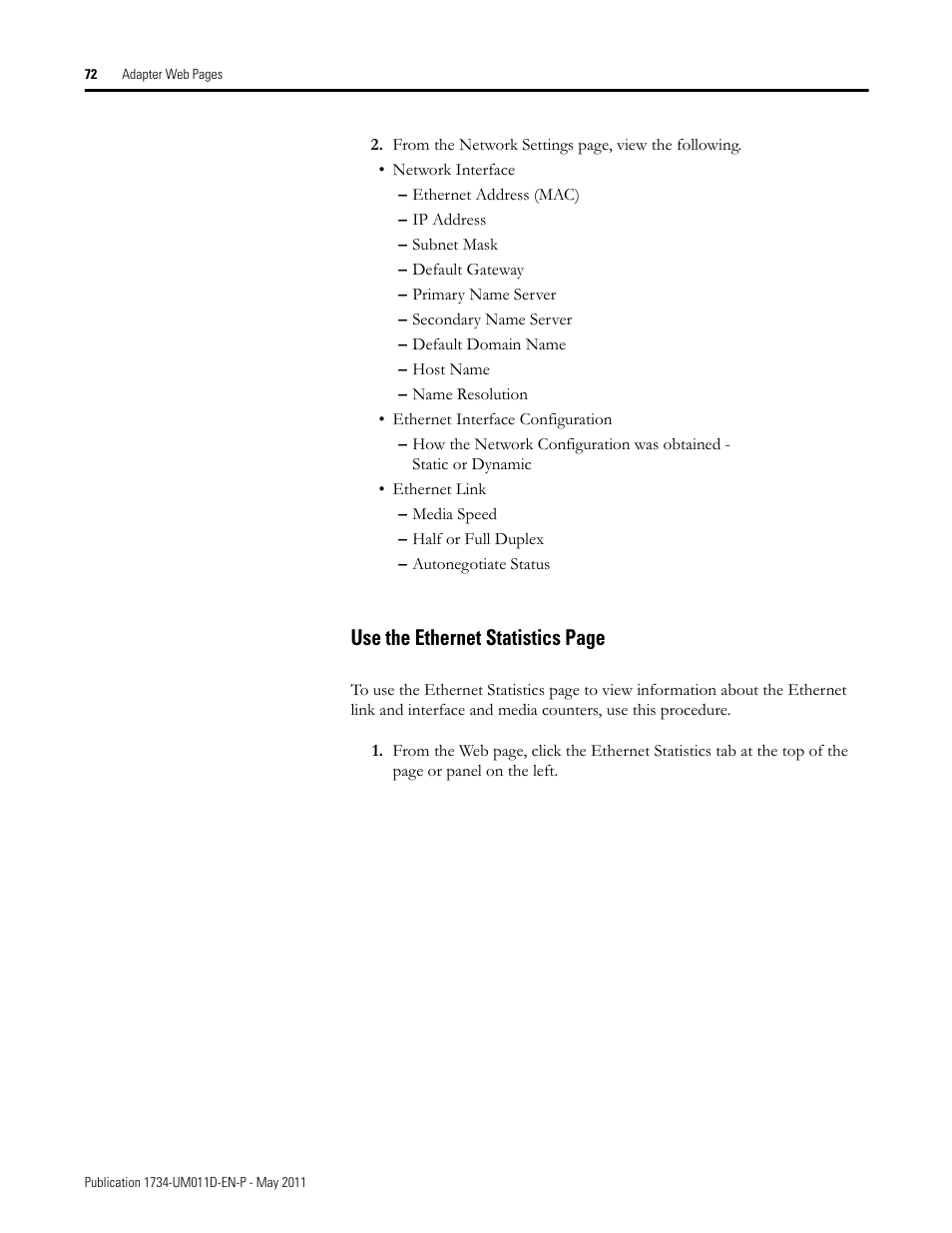 Use the ethernet statistics page | Rockwell Automation 1734-AENT POINT I/O EtherNet/IP Adapter Module User Manual | Page 88 / 158