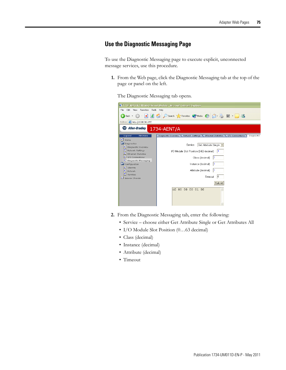 Use the diagnostic messaging page | Rockwell Automation 1734-AENT POINT I/O EtherNet/IP Adapter Module User Manual | Page 91 / 158