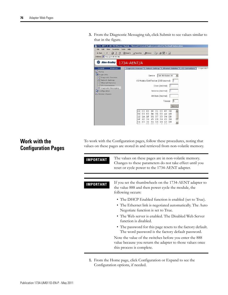 Work with the configuration pages | Rockwell Automation 1734-AENT POINT I/O EtherNet/IP Adapter Module User Manual | Page 92 / 158