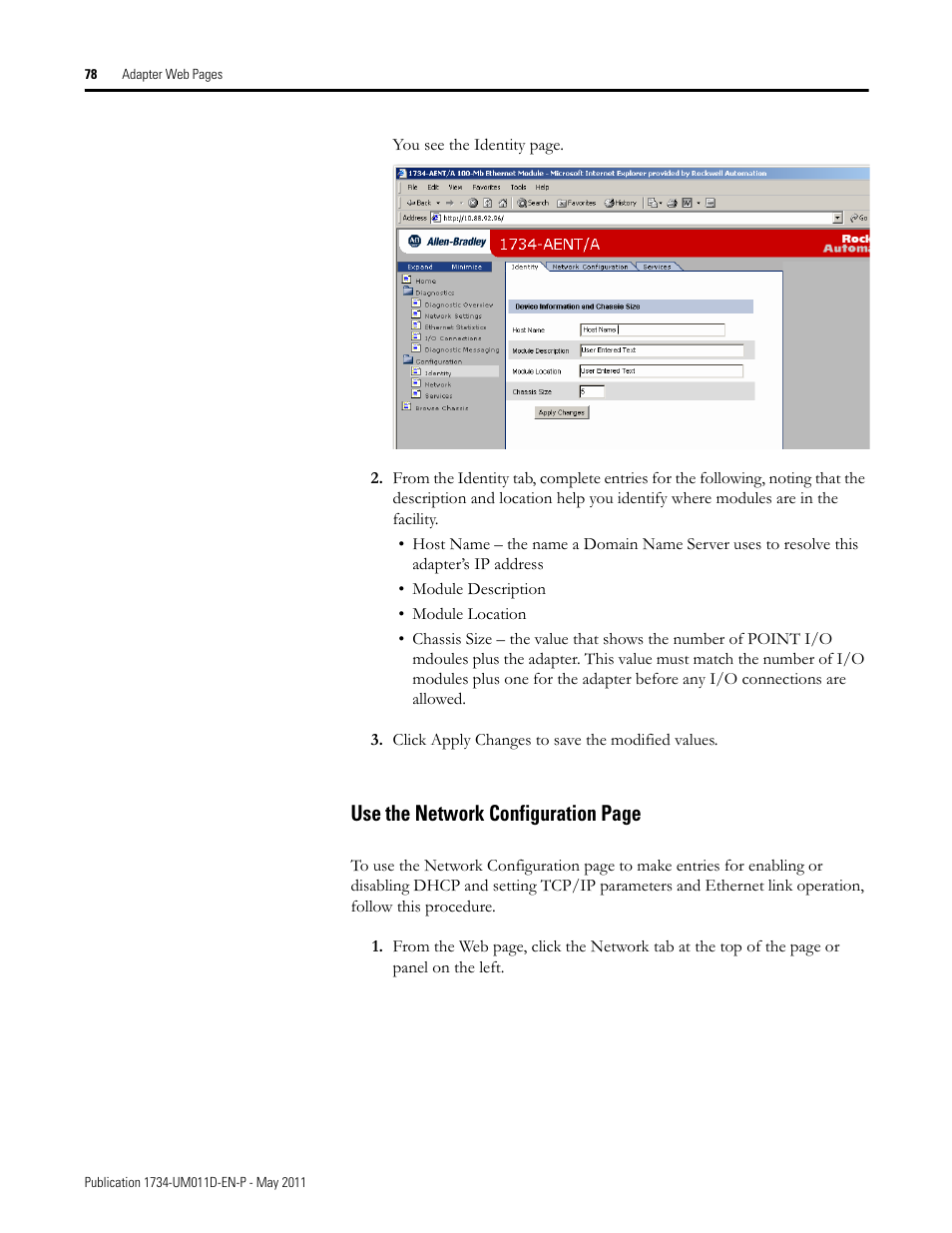 Use the network configuration page | Rockwell Automation 1734-AENT POINT I/O EtherNet/IP Adapter Module User Manual | Page 94 / 158