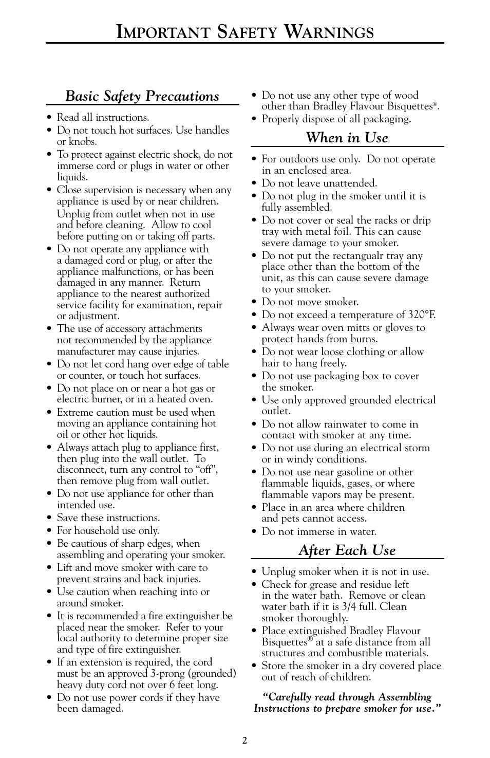Mportant, Afety, Arnings basic safety precautions | When in use, After each use | Bradley Smoker BTISCE240 User Manual | Page 3 / 8