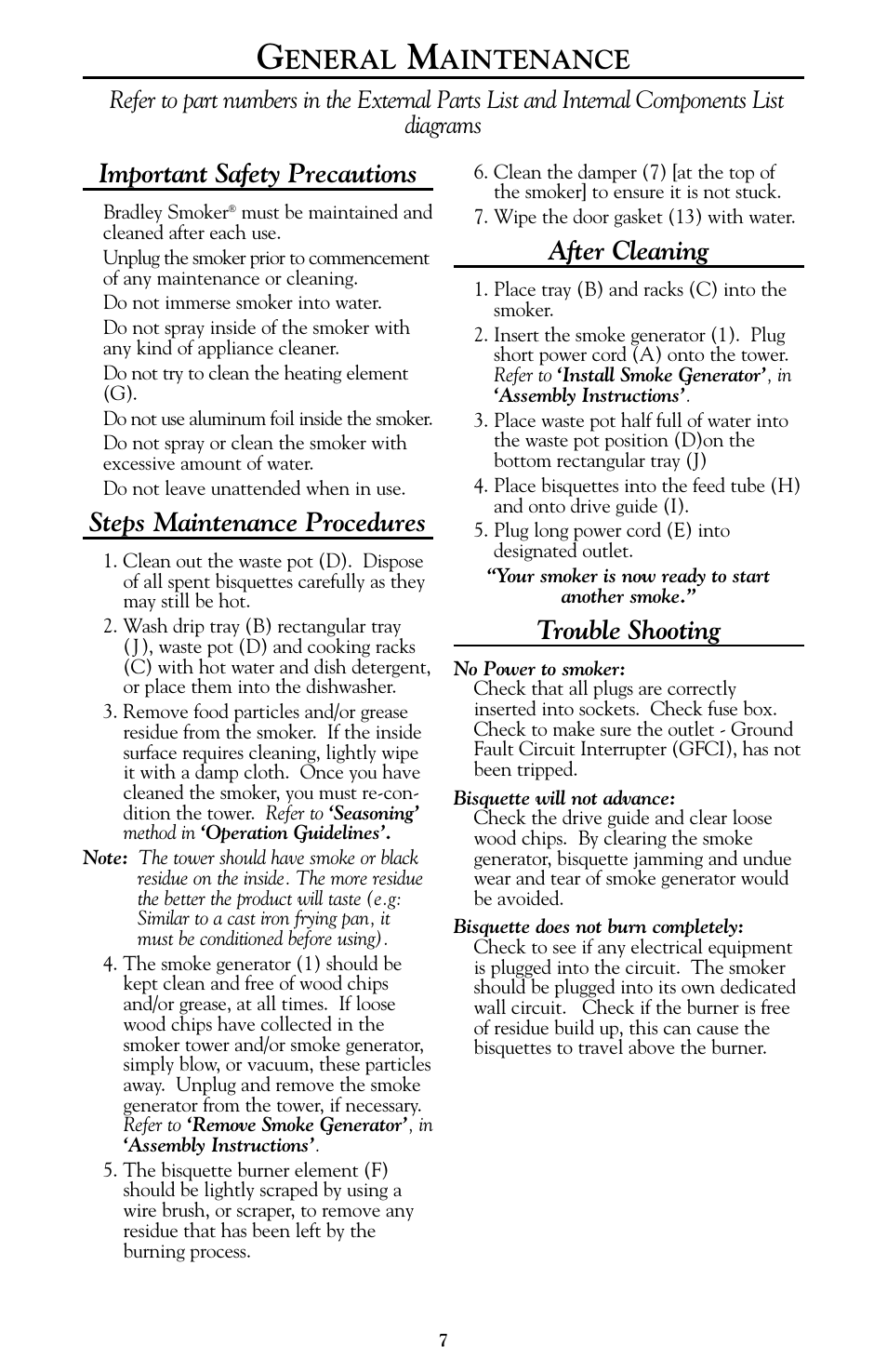 Important safety precautions, Steps maintenance procedures, After cleaning | Trouble shooting, Eneral, Aintenance | Bradley Smoker BTISCE240 User Manual | Page 8 / 8