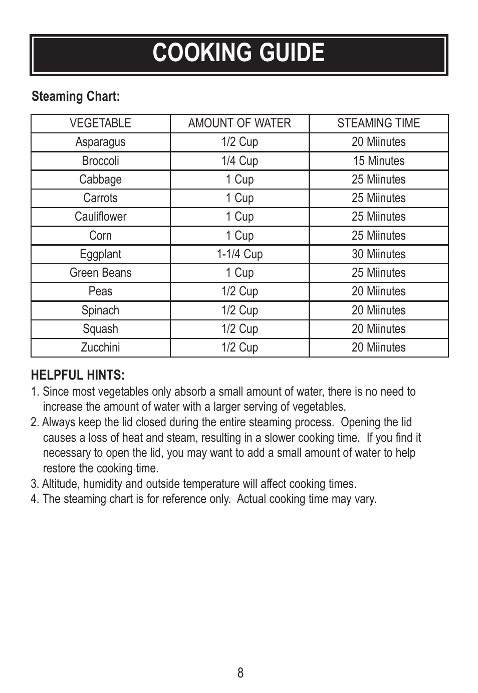 Cooking guide | Tayama MB-YC50D User Manual | Page 10 / 14