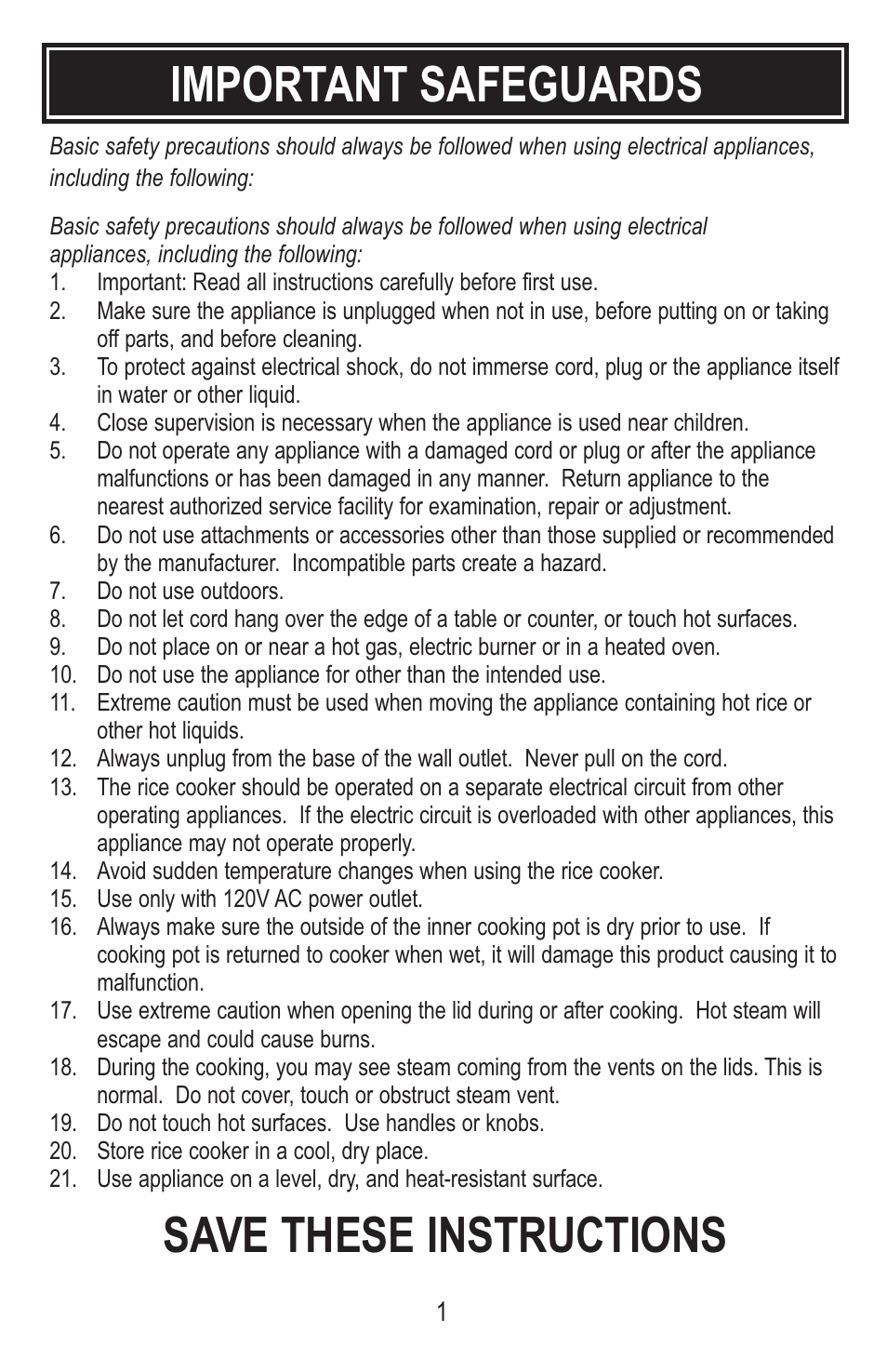 Important safeguards save these instructions | Tayama MB-YC50D User Manual | Page 3 / 14