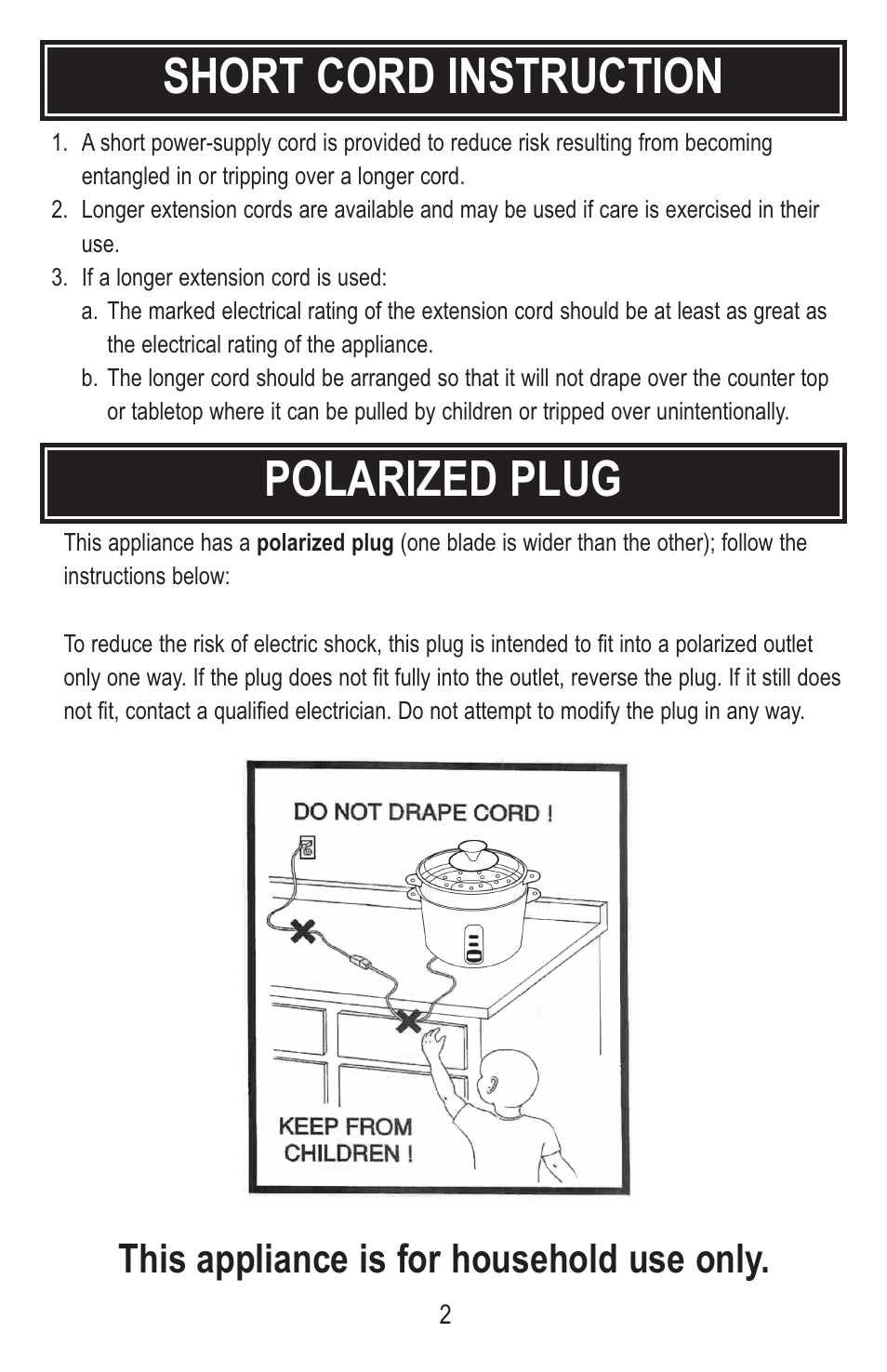 Polarized plug, Short cord instruction, This appliance is for household use only | Tayama MB-YC50D User Manual | Page 4 / 14