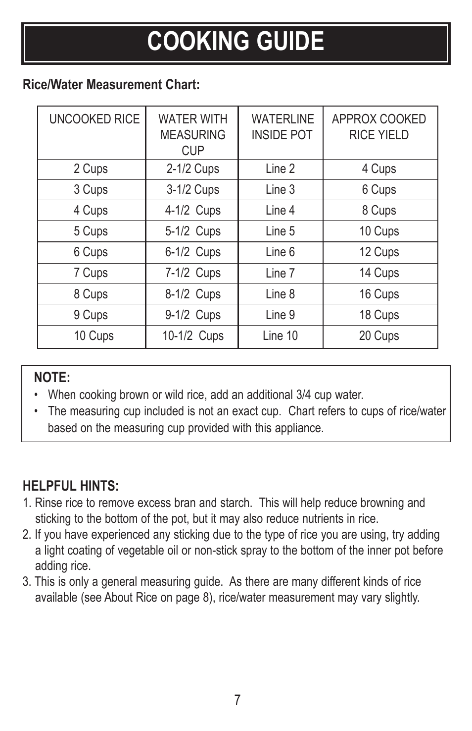 Cooking guide | Tayama MB-YC50D User Manual | Page 9 / 14