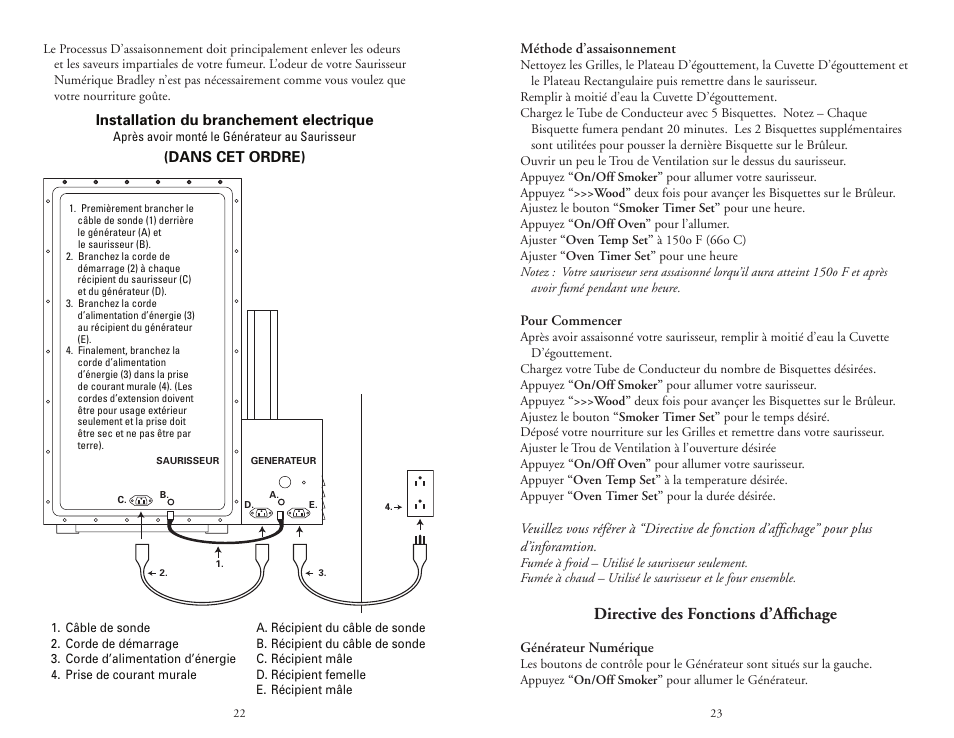 Directive des fonctions d’affichage, Installation du branchement electrique, Dans cet ordre) | Bradley Smoker BTDS108CE-UK User Manual | Page 22 / 22