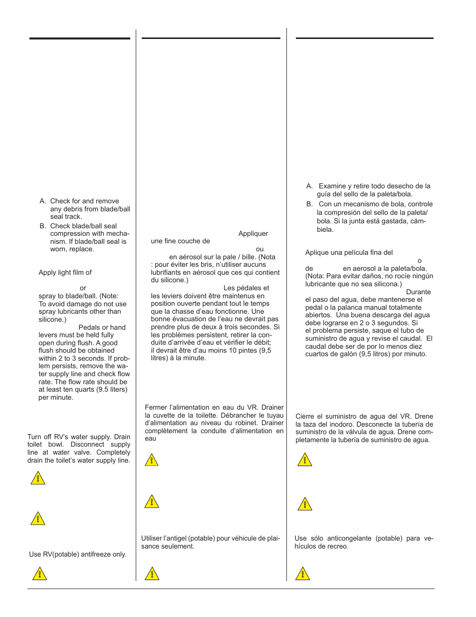 Winterizing, Pour hivériser, Preparación para el invierno | Thetford ComfortMate User Manual | Page 2 / 6