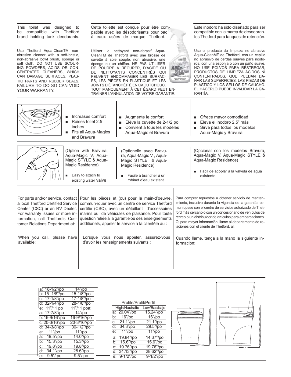 Options, Dimensions/dimensions/dimensiones, Opciones options | Thetford ComfortMate User Manual | Page 4 / 6