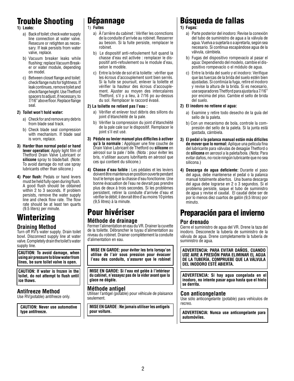 Trouble shooting, Winterizing, Dépannage | Pour hivériser, Búsqueda de fallas, Preparación para el invierno | Thetford Aqua Magic Style LITE User Manual | Page 2 / 6
