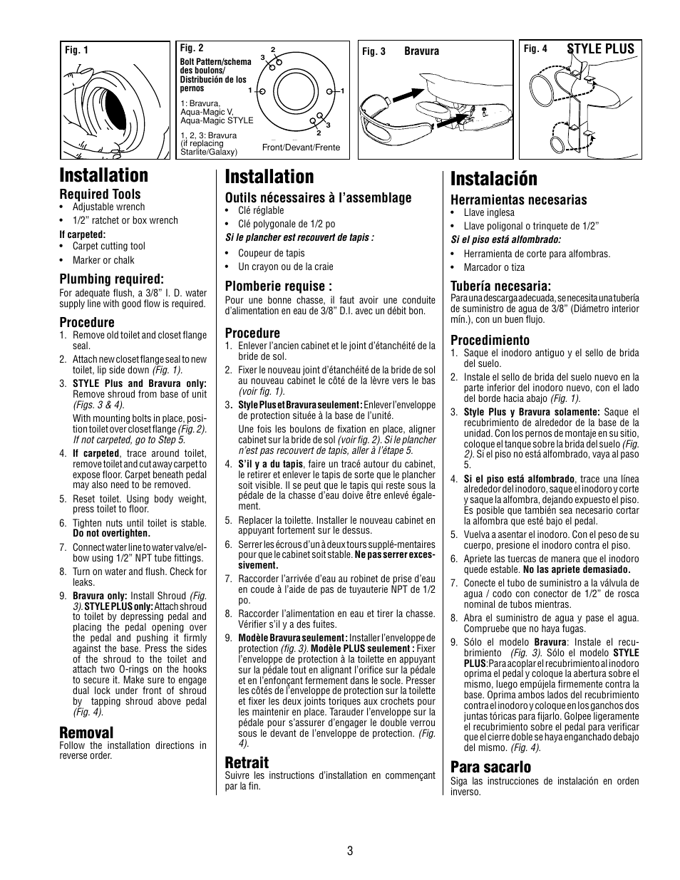 Installation, Instalación, Retrait | Para sacarlo, Removal, Outils nécessaires à l’assemblage, Plomberie requise, Procedure, Herramientas necesarias, Tubería necesaria | Thetford Aqua Magic Style LITE User Manual | Page 3 / 6