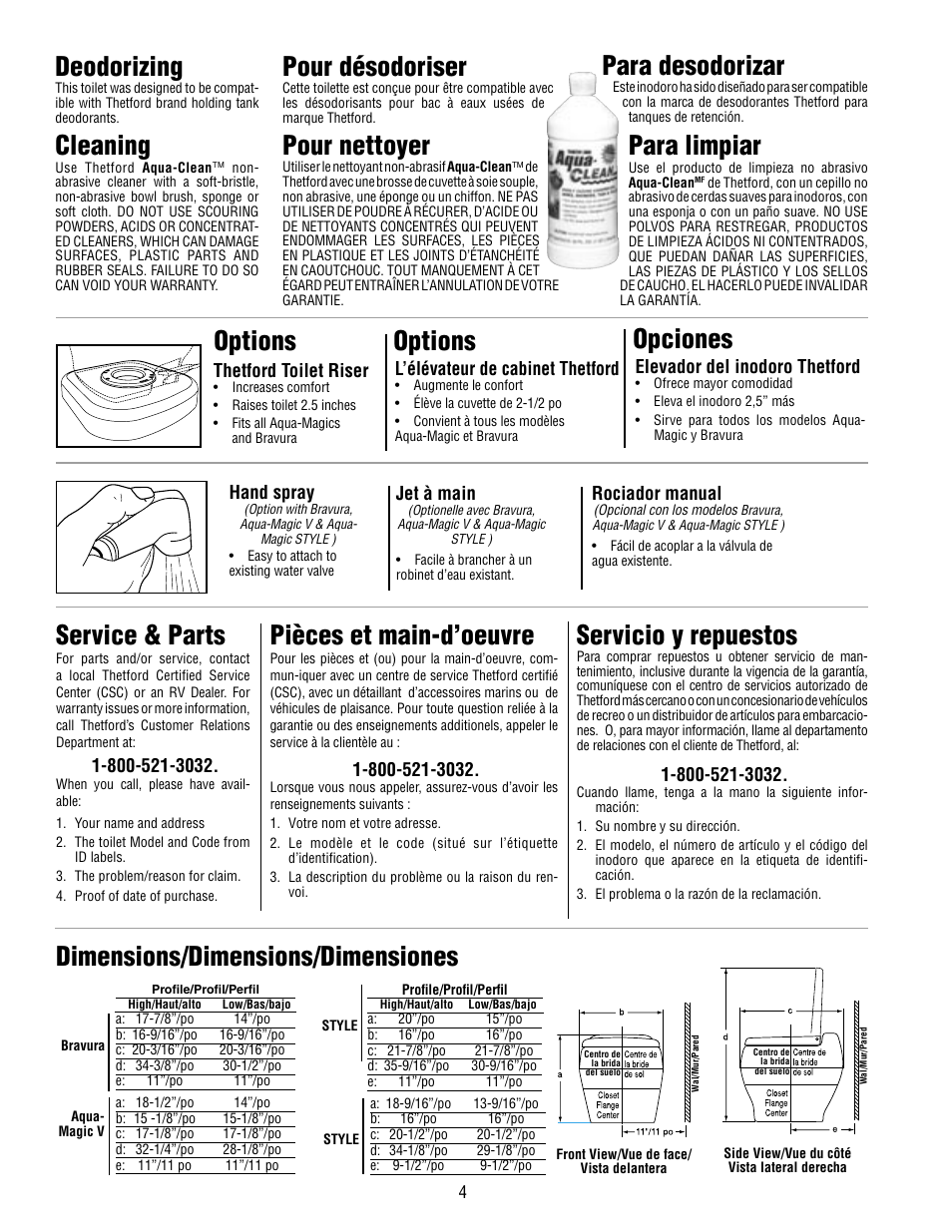 Options, Dimensions/dimensions/dimensiones, Service & parts | Pièces et main-d’oeuvre, Servicio y repuestos, Opciones options, Deodorizing, Cleaning, Pour désodoriser, Pour nettoyer | Thetford Aqua Magic Style LITE User Manual | Page 4 / 6