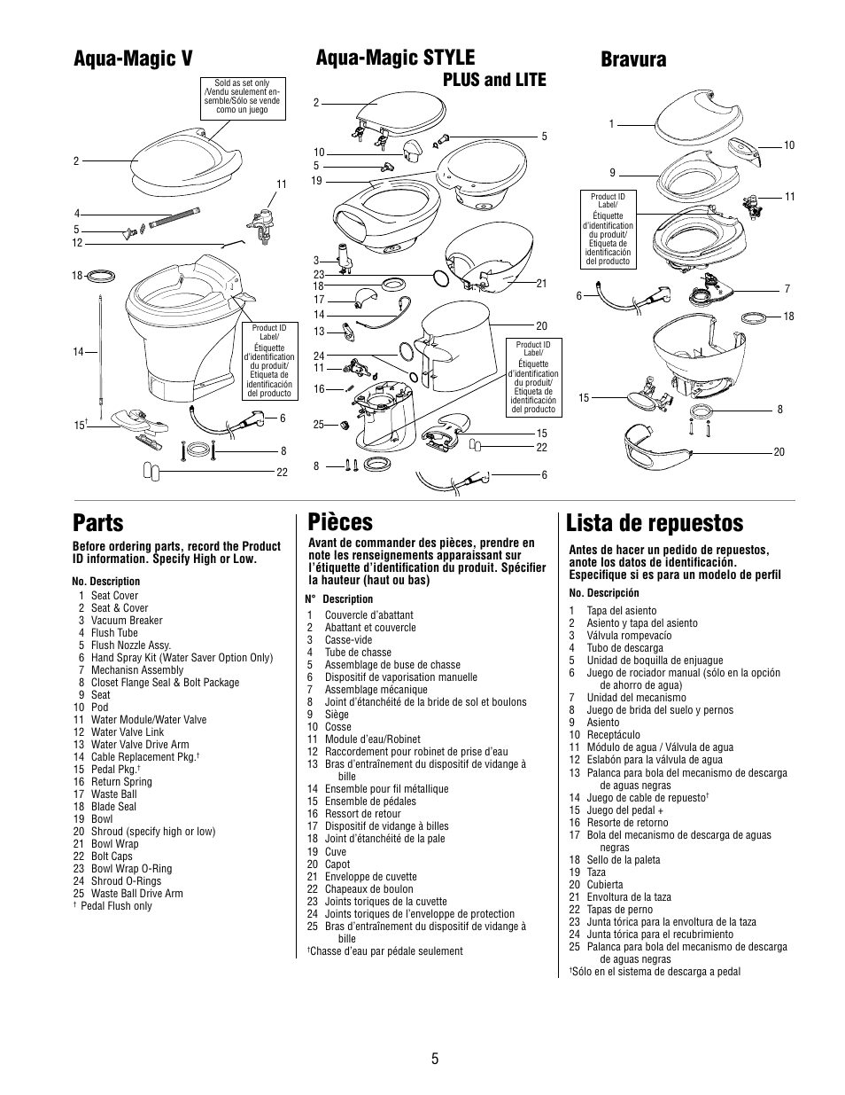 Lista de repuestos, Parts pièces, Aqua-magic v | Aqua-magic style, Bravura, Plus and lite | Thetford Aqua Magic Style LITE User Manual | Page 5 / 6