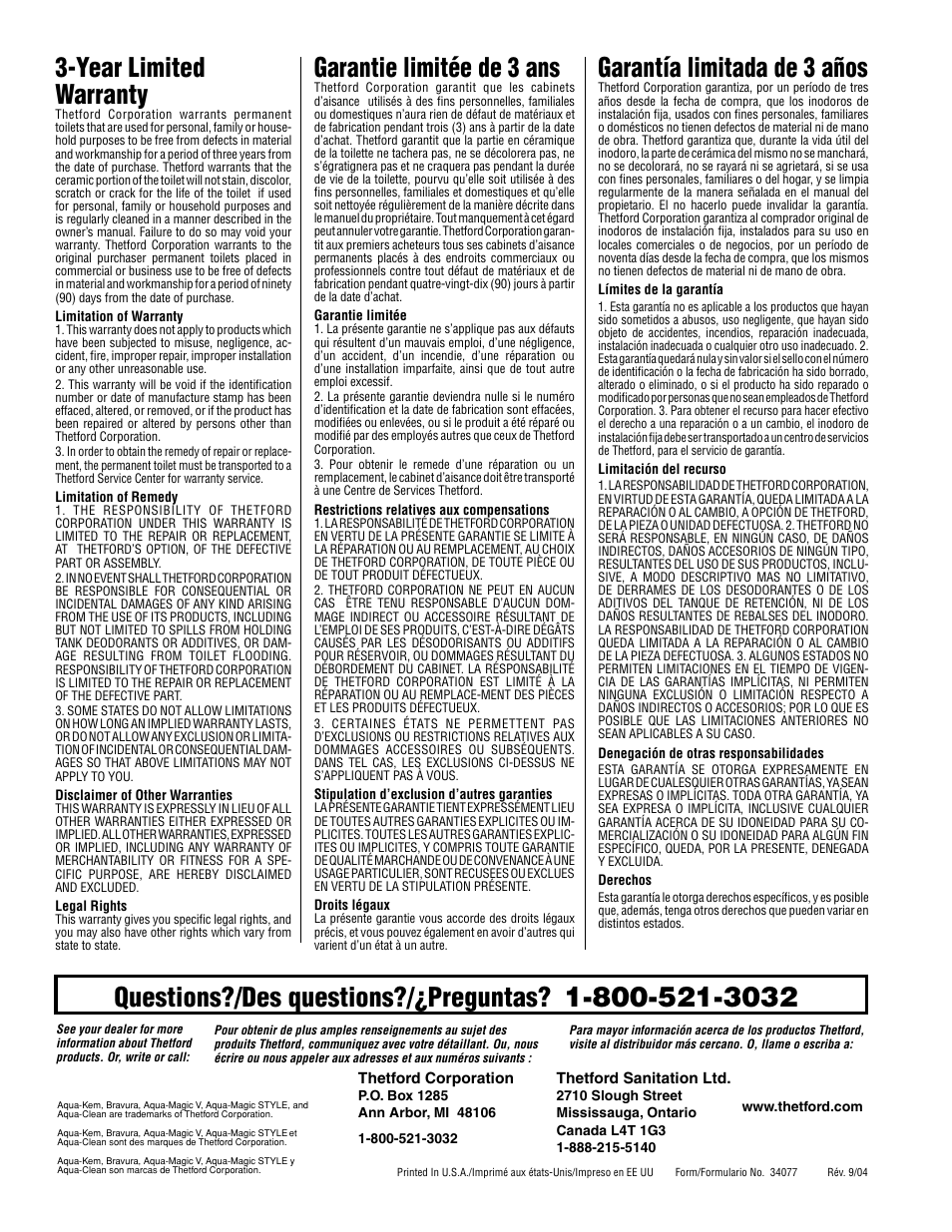 Garantie limitée de 3 ans, Year limited warranty, Questions?/des questions?/¿preguntas | Garantía limitada de 3 años | Thetford Aqua Magic Style LITE User Manual | Page 6 / 6