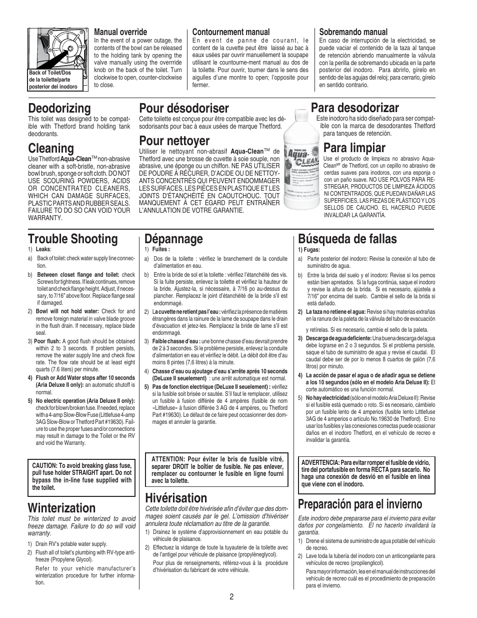 Búsqueda de fallas, Hivérisation, Winterization | Trouble shooting, Dépannage, Preparación para el invierno, Deodorizing, Cleaning, Pour désodoriser, Pour nettoyer | Thetford Aria Classic User Manual | Page 2 / 6
