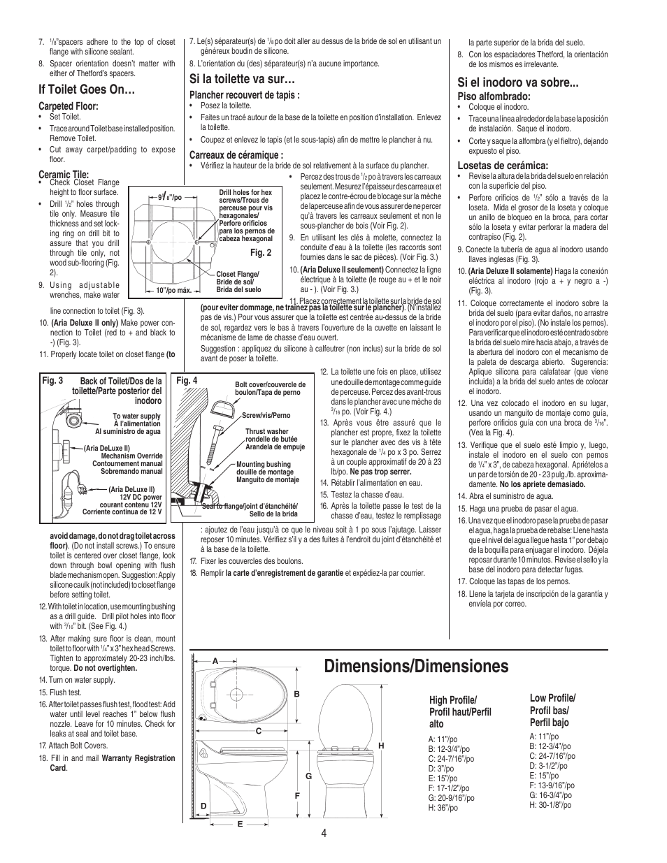 Dimensions/dimensiones, Si la toilette va sur, If toilet goes on | Si el inodoro va sobre | Thetford Aria Classic User Manual | Page 4 / 6