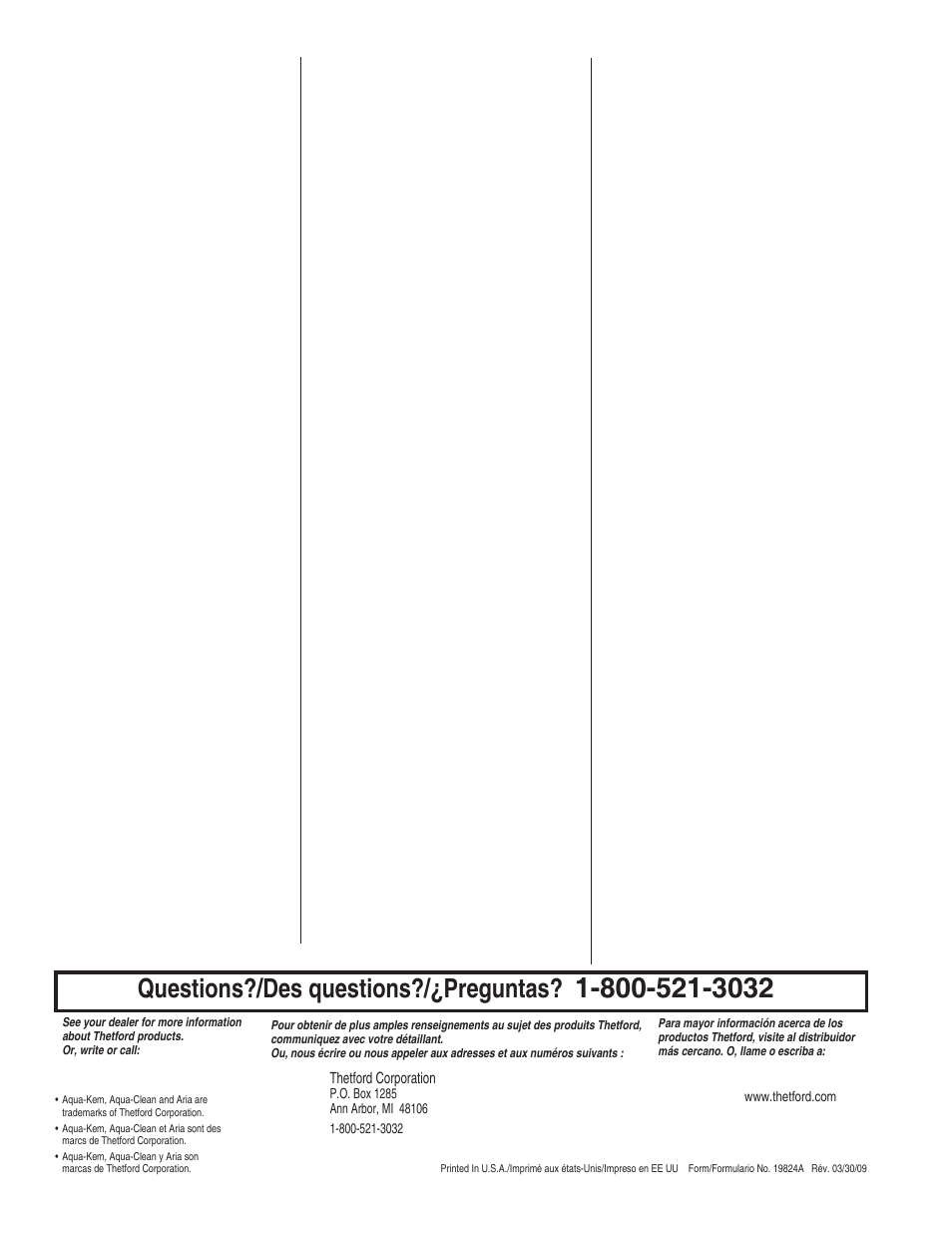 Questions?/des questions?/¿preguntas | Thetford Aria Classic User Manual | Page 6 / 6