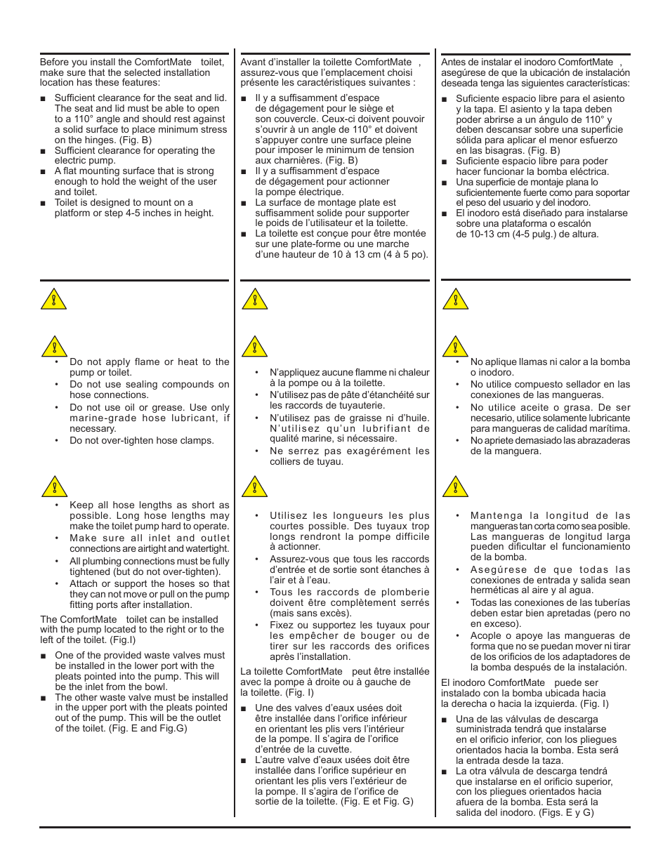 Location, Emplacement, Ubicación | Pump preparation caution, Attention, Precaución, Caution, Preparación de la bomba préparation de la pompe | Thetford ComfortMate (Electric) User Manual | Page 11 / 18