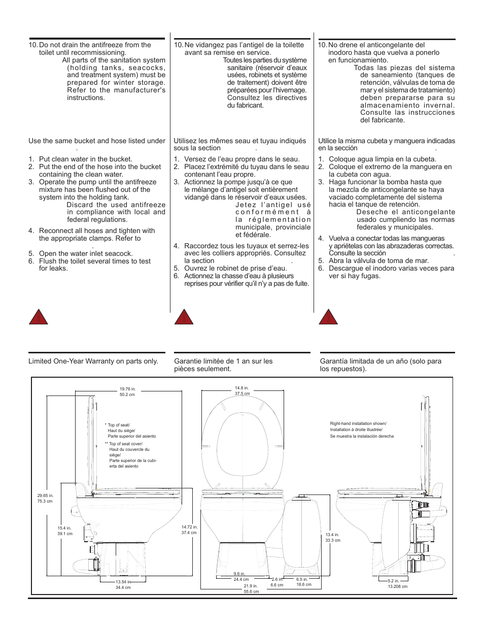 Warning, Winter storage, con’t, Warranty | Garantía, Garantie, Advertencia, Dimensions/dimensiones, Fig. b | Thetford ComfortMate (Electric) User Manual | Page 4 / 18