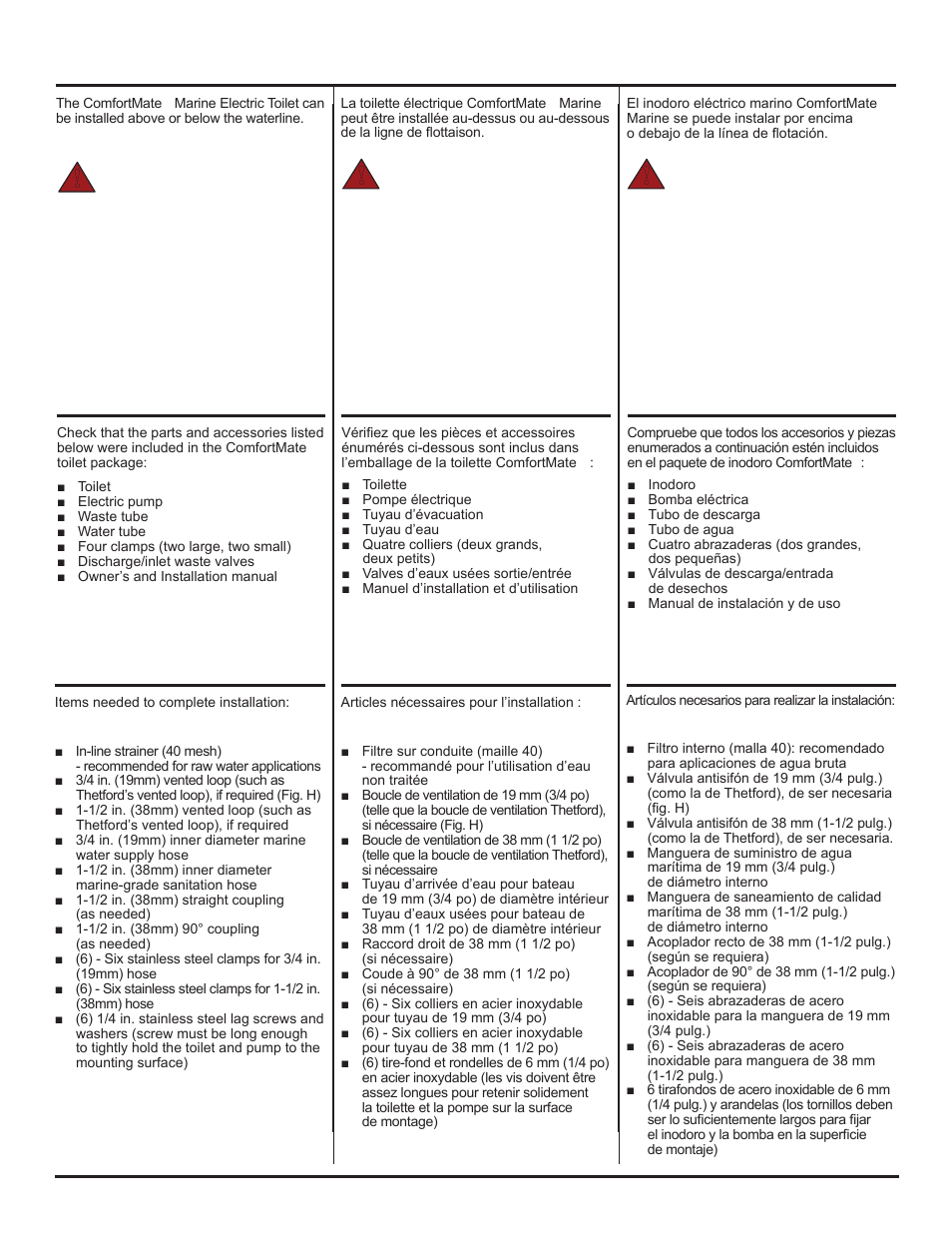 Installation/installation/instalación, Danger, Parts list | Liste des pièces, Lista de piezas, Required materials (not provided), Matériaux requis (non fournis), Materiales necesarios (no se suministran), Peligro | Thetford ComfortMate (Electric) User Manual | Page 8 / 18