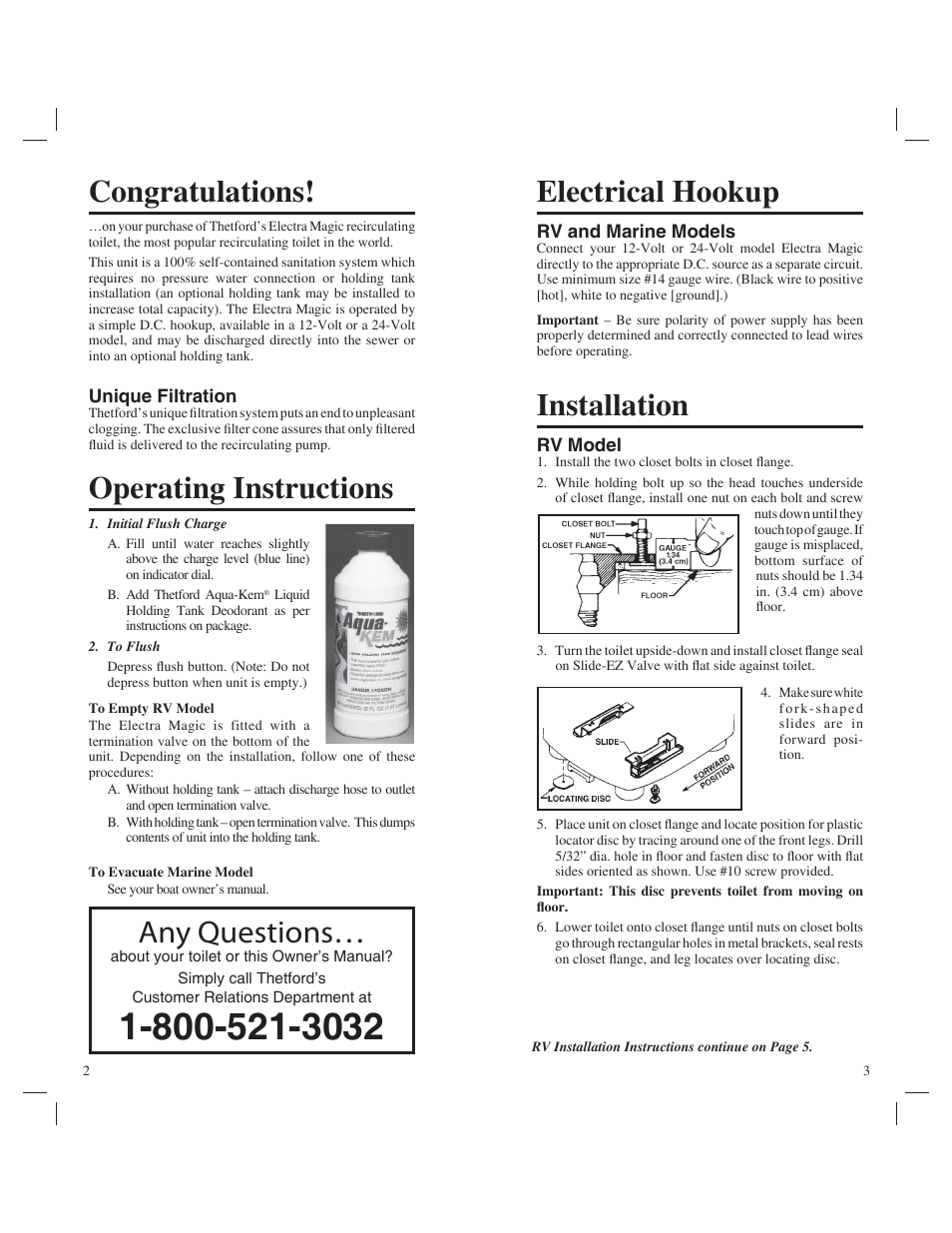 Installation, Electrical hookup, Operating instructions | Any questions | Thetford 80 Marine Electra Magic User Manual | Page 2 / 11