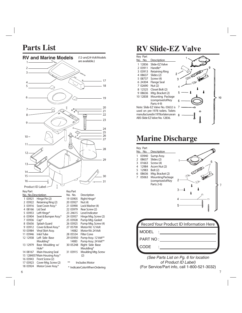 Parts list, Rv slide-ez valve, Marine discharge | Rv and marine models, Record your product id information here | Thetford 80 Marine Electra Magic User Manual | Page 6 / 11