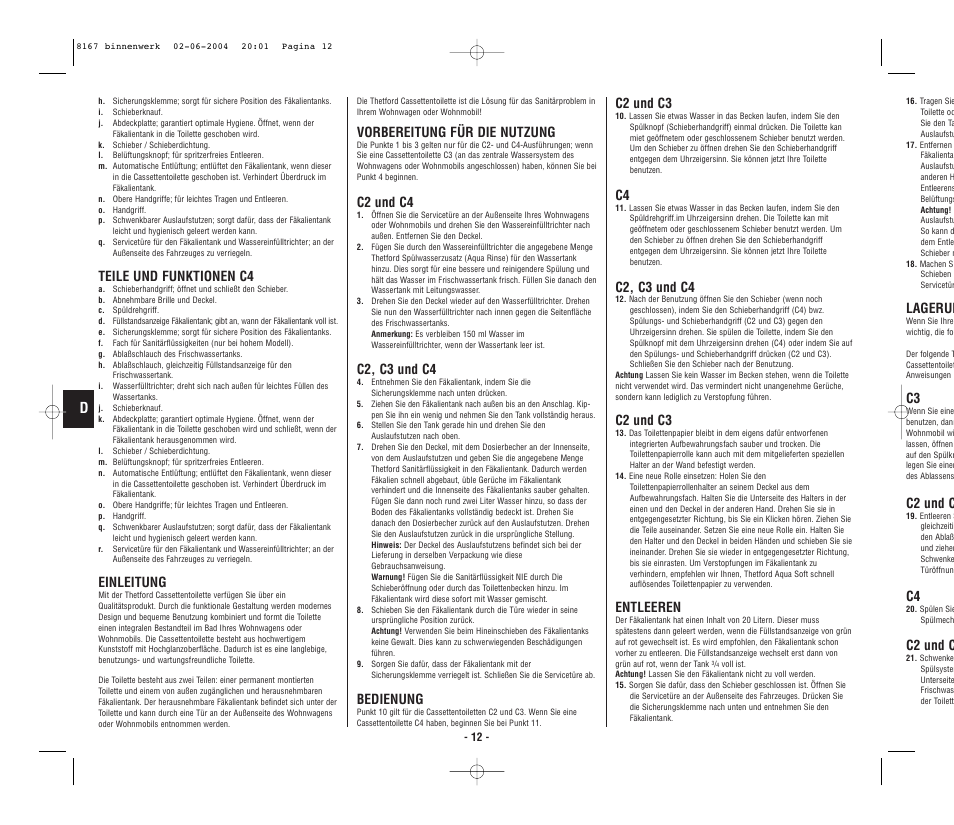 Lagerun, C2 und c, Teile und funktionen c4 | Einleitung, Vorbereitung für die nutzung, C2 und c4, C2, c3 und c4, Bedienung, C2 und c3, Entleeren | Thetford C4 Porta Potti Cassette User Manual | Page 14 / 30