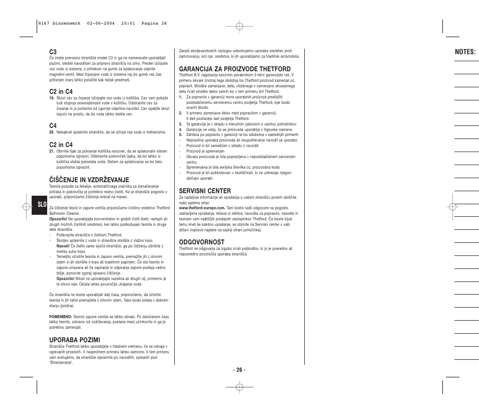 C2 in c4, Čiščenje in vzdrževanje, Uporaba pozimi | Garancija za proizvode thetford, Servisni center, Odgovornost | Thetford C4 Porta Potti Cassette User Manual | Page 28 / 30