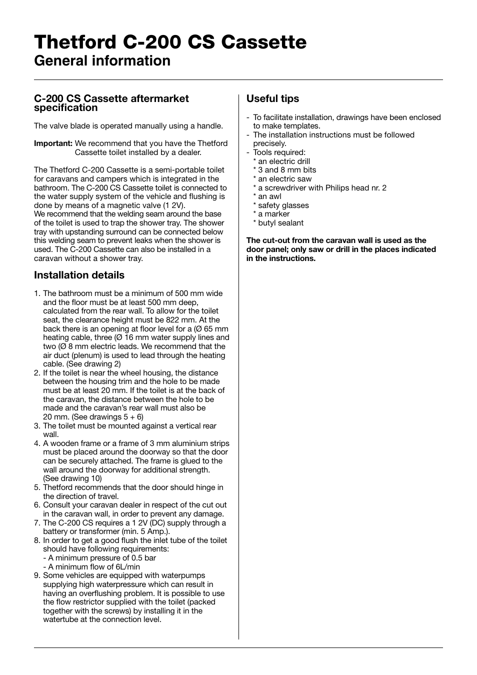 Thetford c-200 cs cassette, General information | Thetford C-200 CS D3 Cassette User Manual | Page 3 / 15