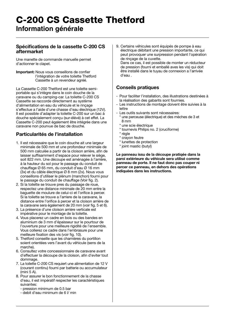 C-200 cs cassette thetford, Information générale | Thetford C-200 CS D3 Cassette User Manual | Page 7 / 15