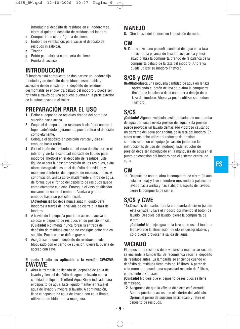Introducción, Preparación para el uso, Cw/cwe | Manejo, S/cs y cwe, S/cs, Vaciado | Thetford C-200 CS Cassette User Manual | Page 11 / 36
