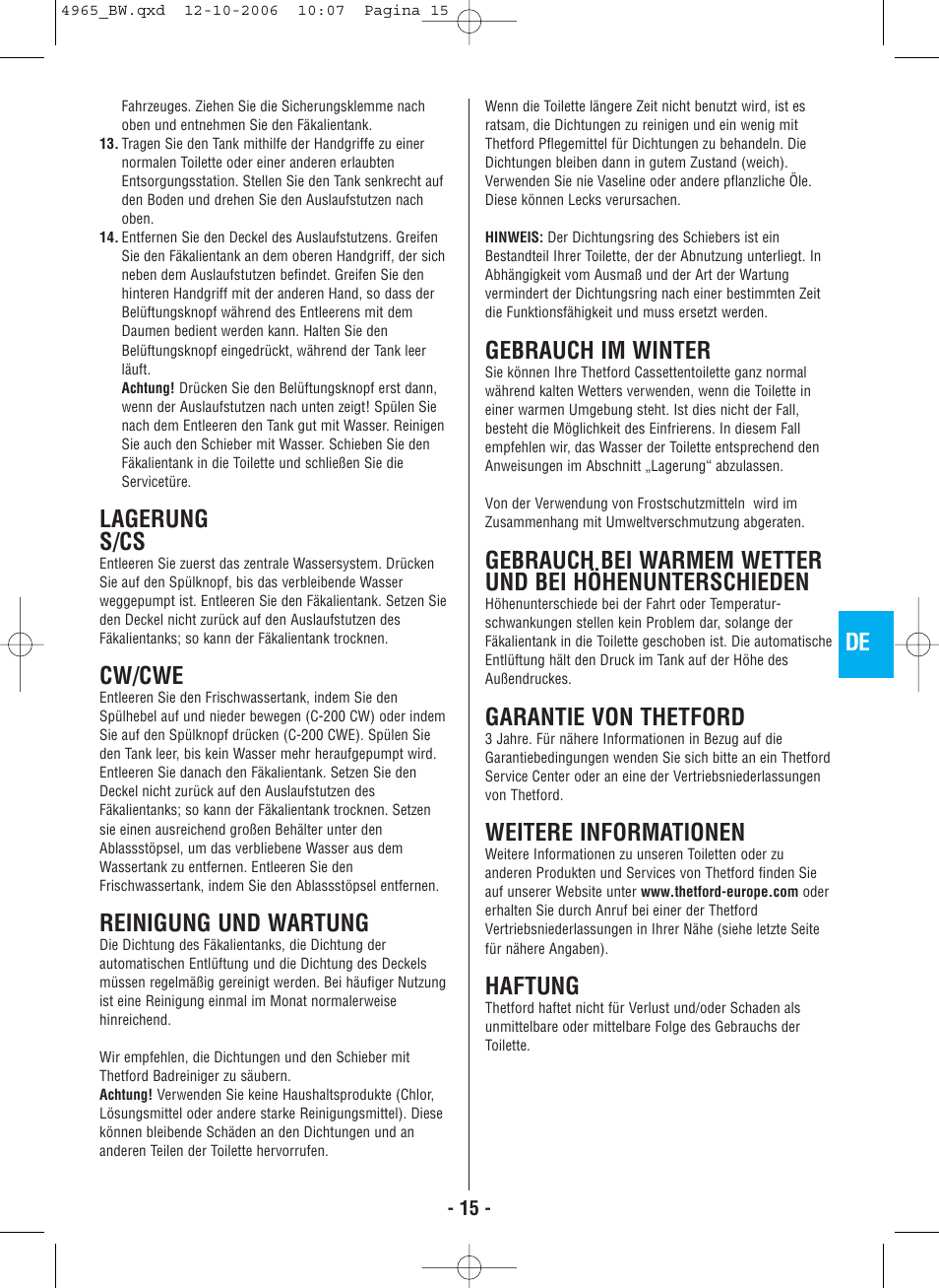 Lagerung s/cs, Cw/cwe, Reinigung und wartung | Gebrauch im winter, Garantie von thetford, Weitere informationen, Haftung | Thetford C-200 CS Cassette User Manual | Page 17 / 36