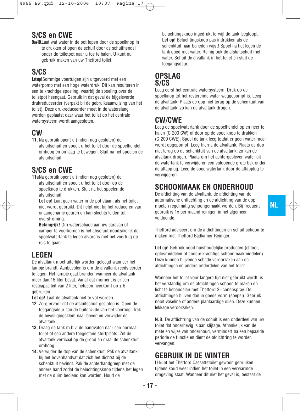 Nl s/cs en cwe, S/cs, S/cs en cwe | Legen, Opslag s/cs, Cw/cwe, Schoonmaak en onderhoud, Gebruik in de winter | Thetford C-200 CS Cassette User Manual | Page 19 / 36