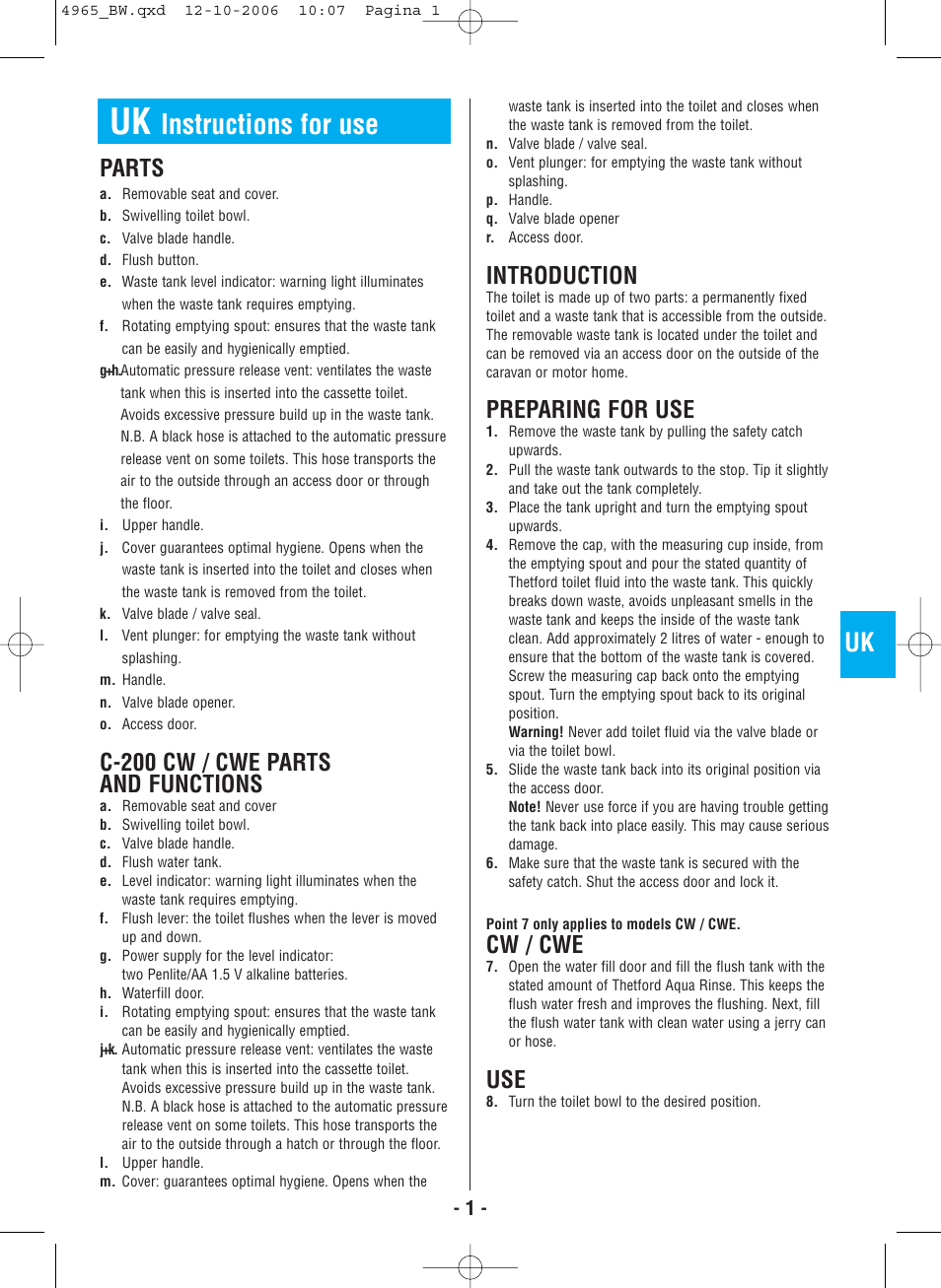 Instructions for use, Parts, C-200 cw / cwe parts and functions | Introduction, Preparing for use, Cw / cwe | Thetford C-200 CS Cassette User Manual | Page 3 / 36