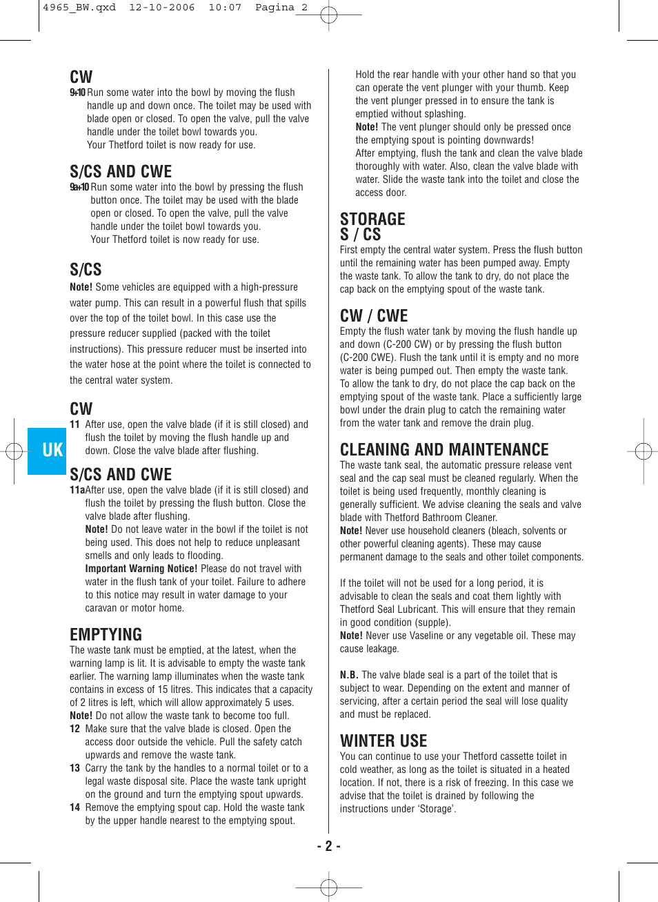 S/cs and cwe, S/cs, Emptying | Storage s / cs, Cw / cwe, Cleaning and maintenance, Winter use | Thetford C-200 CS Cassette User Manual | Page 4 / 36
