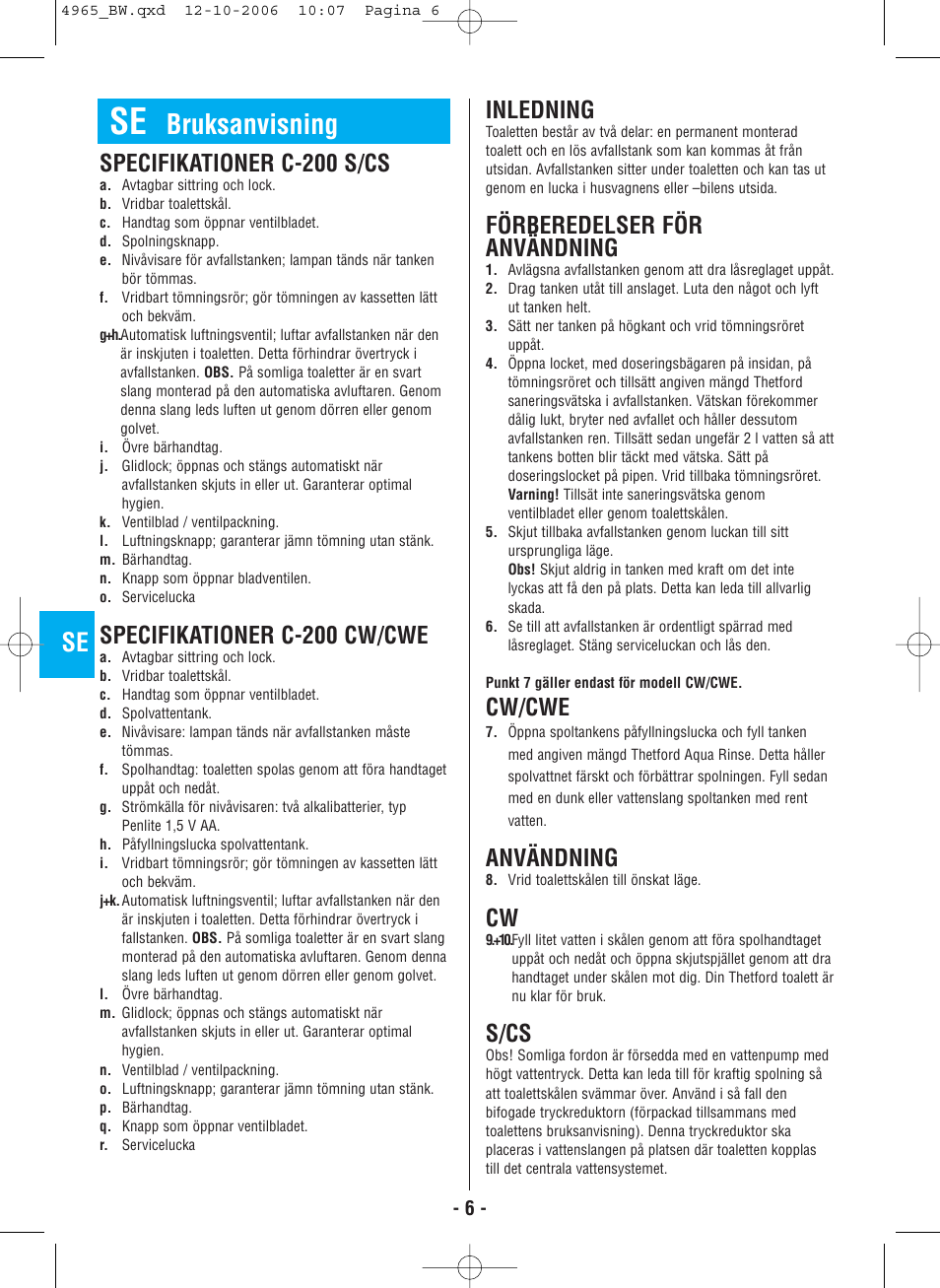Bruksanvisning, Specifikationer c-200 s/cs, Specifikationer c-200 cw/cwe | Inledning, Förberedelser för användning, Cw/cwe, Användning, S/cs | Thetford C-200 CS Cassette User Manual | Page 8 / 36